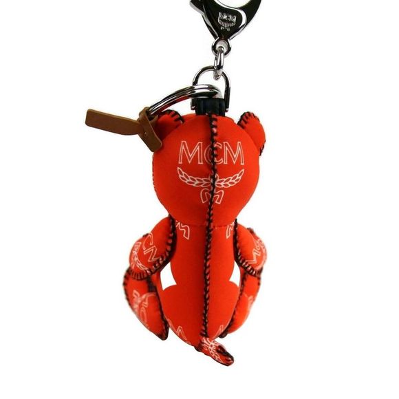 MCM Women's Orange Nylon Bear Charm With Key Ring And White Logo Print - Picture 2 of 6
